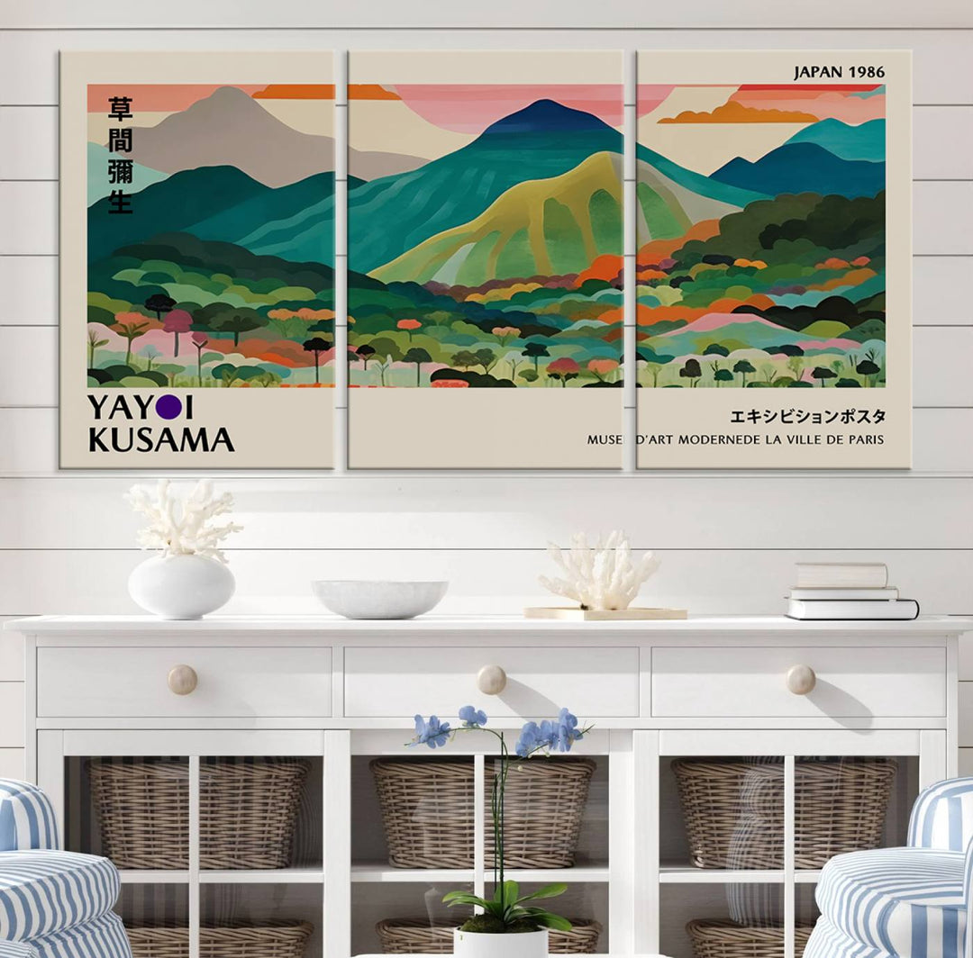 Vibrant Kusama landscape canvas featuring floral mountains and botanical decor, ideal for a modern home.