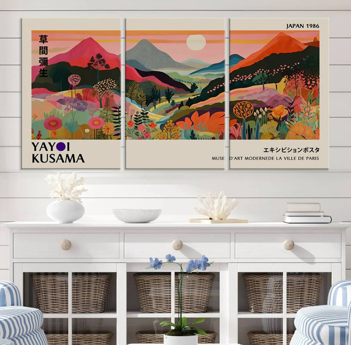 The Yayoi Kusama Landscape Print features vibrant floral mountains with abstract designs, ideal for modern decor.