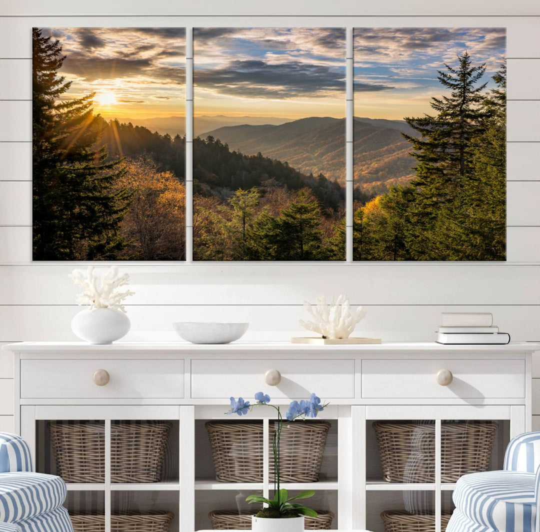 The dining area is beautifully decorated with the Sunrise Over the Smoky Mountains Canvas Wall Art – a breathtaking scenic landscape photography in a stunning triptych that's ready to hang.