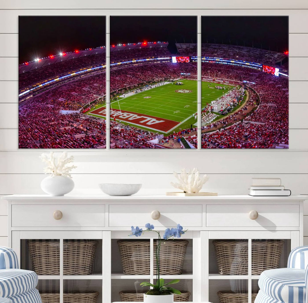 The living room features a Bryant-Denny Stadium Night Game Triple Canvas Wall Art.