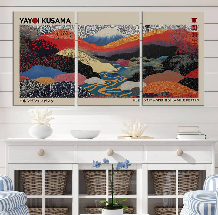 The room showcases Kusamas 1986 vibrant abstract landscape wall art print.