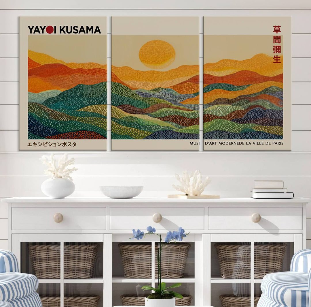 The vibrant abstract landscape depicted in the three-panel "Framed Yayoi Kusama 1986 Wall Art Print" seamlessly integrates nature-inspired décor.