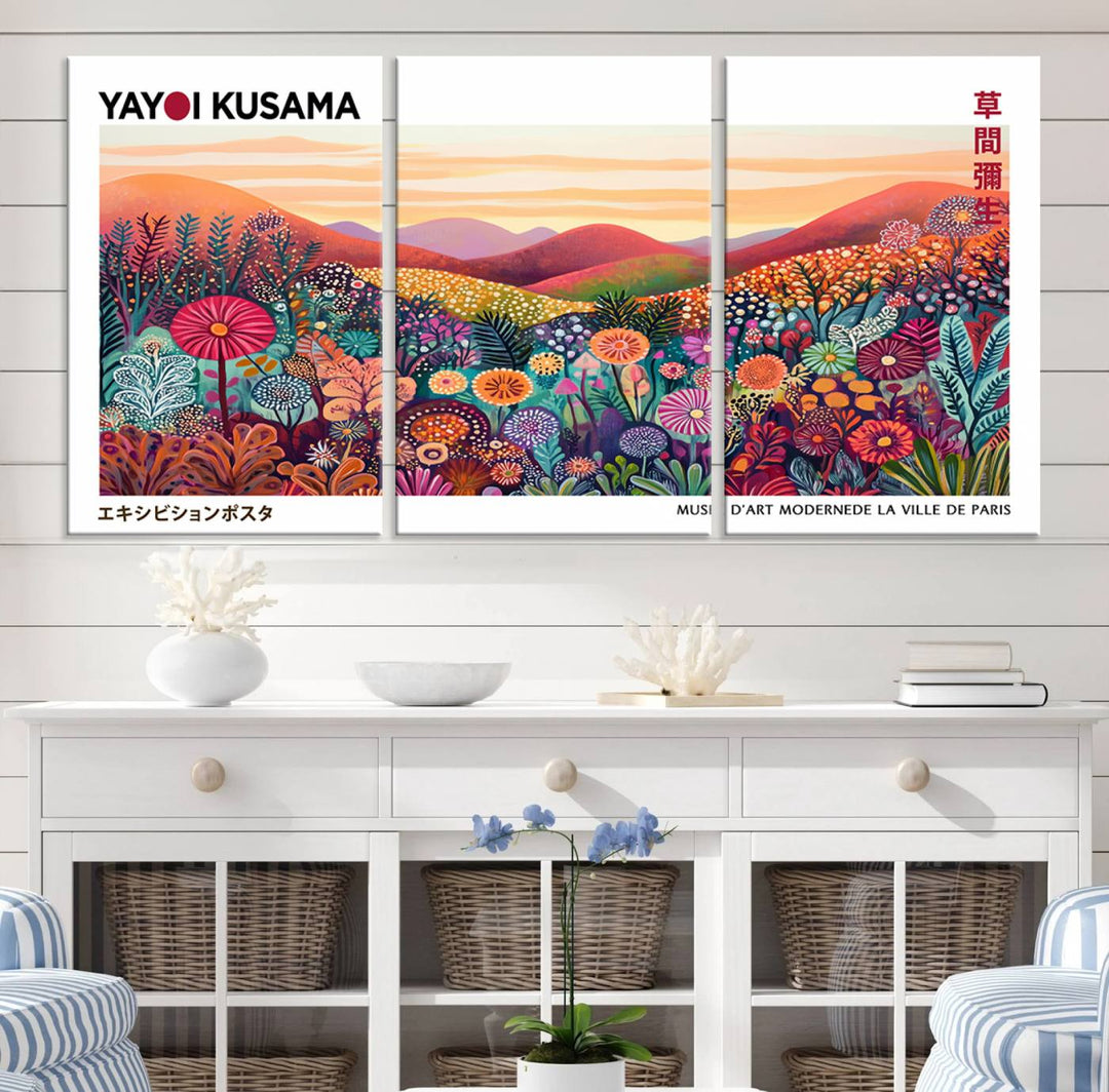 A Framed Yayoi Kusama 1986 Wall Art Print, showcasing a vibrant abstract landscape with flowers and reflecting the Wabi Sabi style, is displayed.