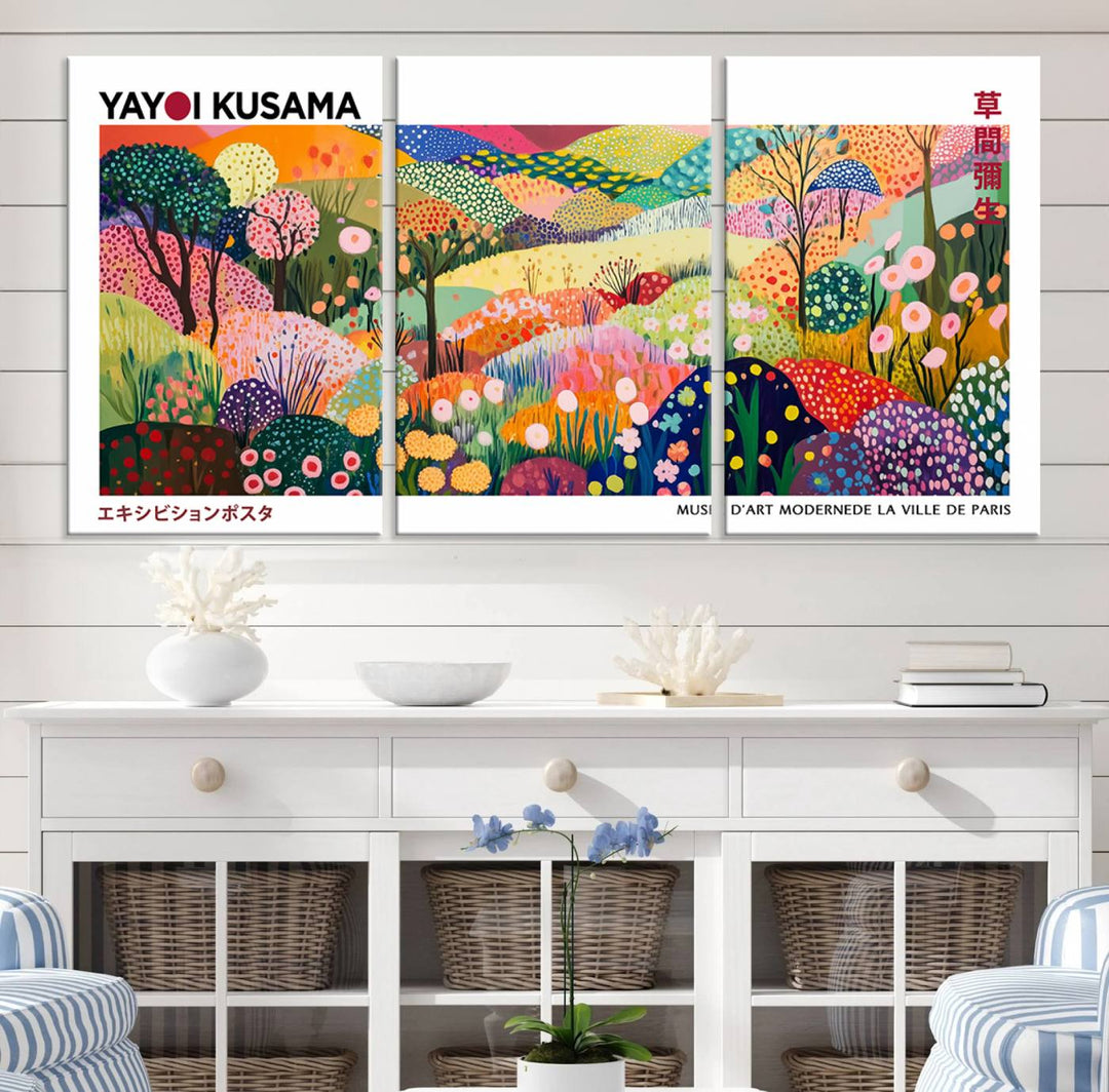 The Framed Yayoi Kusama 1986 Wall Art Print enhances the space.