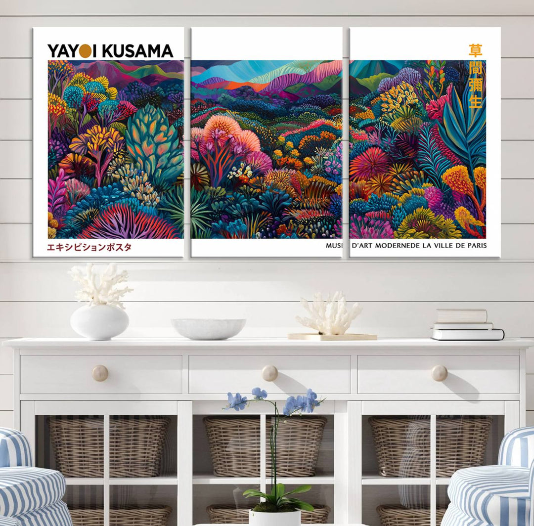 A framed Yayoi Kusama print hangs on the wall.