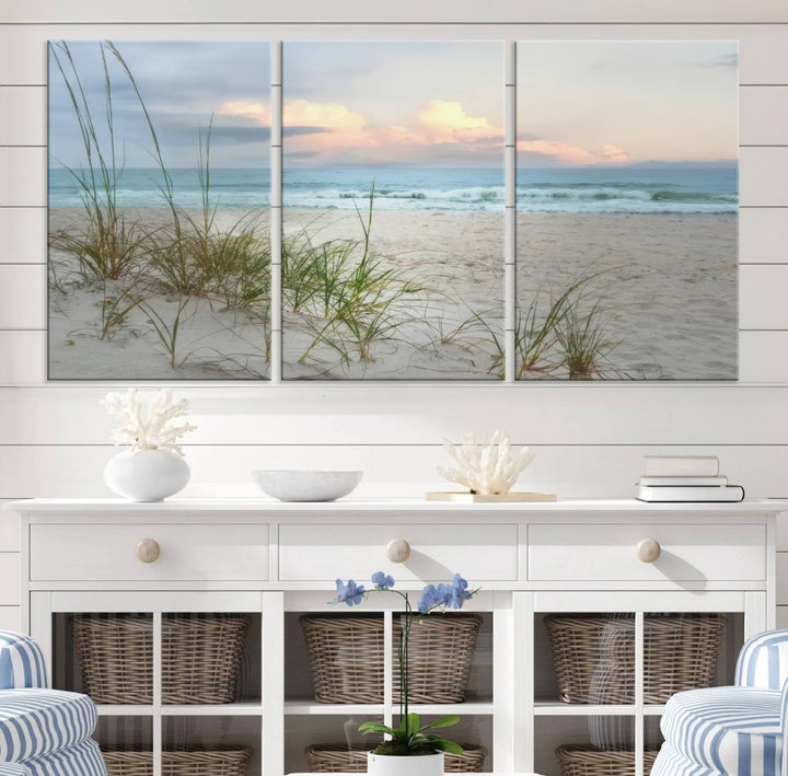 Flight Over Coastal Beach print on UV canvas displayed against white walls.