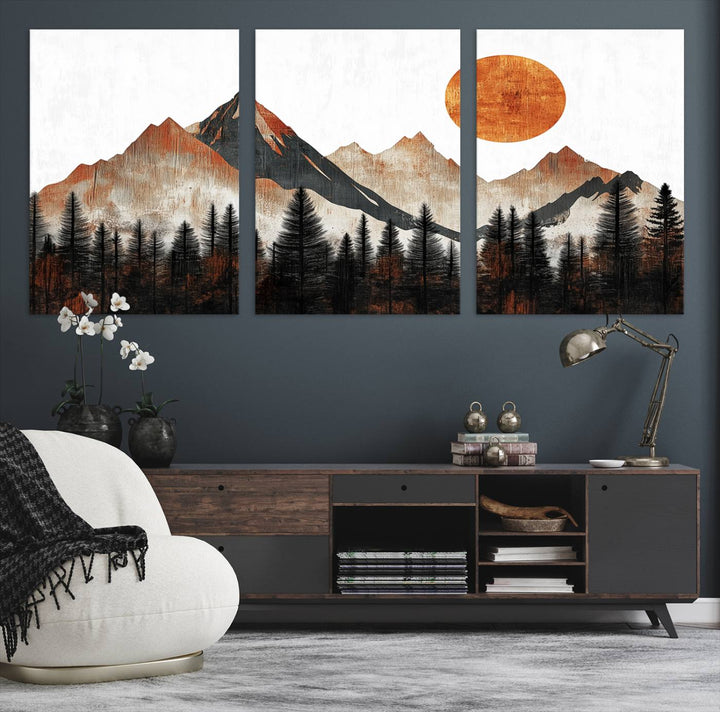 The "Modern Abstract Mountain Canvas Wall Art Print" in the living room features an abstract landscape of mountains, trees, and a warm-toned sun.