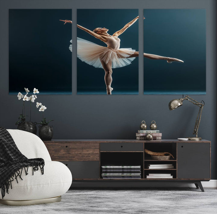 This stunning Ballerina Canvas Wall Art Print captures the elegance of a ballet dancer in motion, beautifully highlighted against a stage-like backdrop with delicate decor and natural elements. As graceful dance-inspired wall decor, it adds an element of grace and movement to any living room, office, or bedroom and is ready to hang.