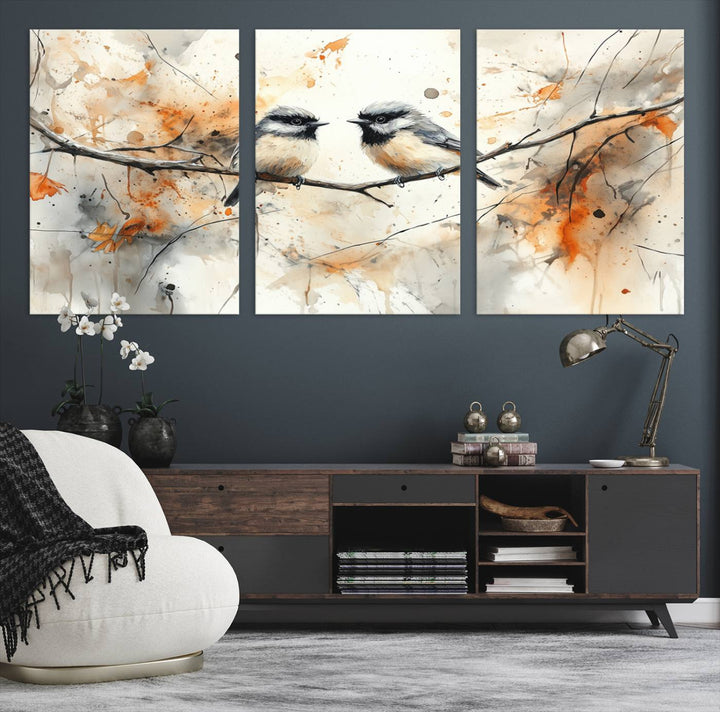 Abstract Watercolor Chickadee Bird Canvas Wall Art Print - Large Bird and Branch Wall Art, Modern Wildlife Wall Decor
