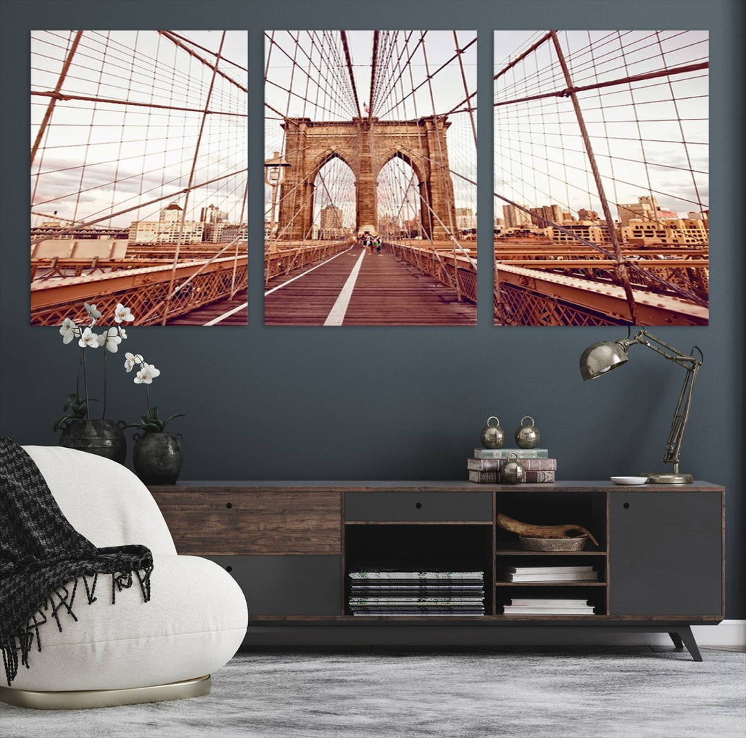 The three-panel "Wall Art New York Manhattan Cityscape Canvas Print" of the Brooklyn Bridge makes an ideal addition to minimalist interiors, capturing the essence of abstract expressionism.