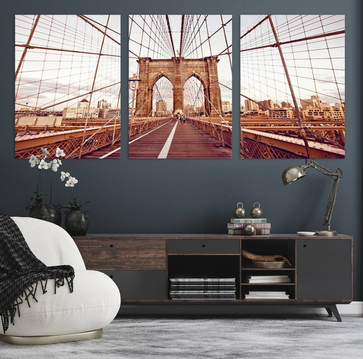 The three-panel "Wall Art New York Manhattan Cityscape Canvas Print" of the Brooklyn Bridge makes an ideal addition to minimalist interiors, capturing the essence of abstract expressionism.