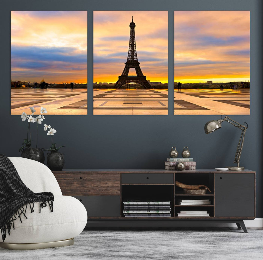 The "Paris Eiffel Tower Wall Art Canvas Prints" graces a wooden wall reminiscent of abstract expressionism.