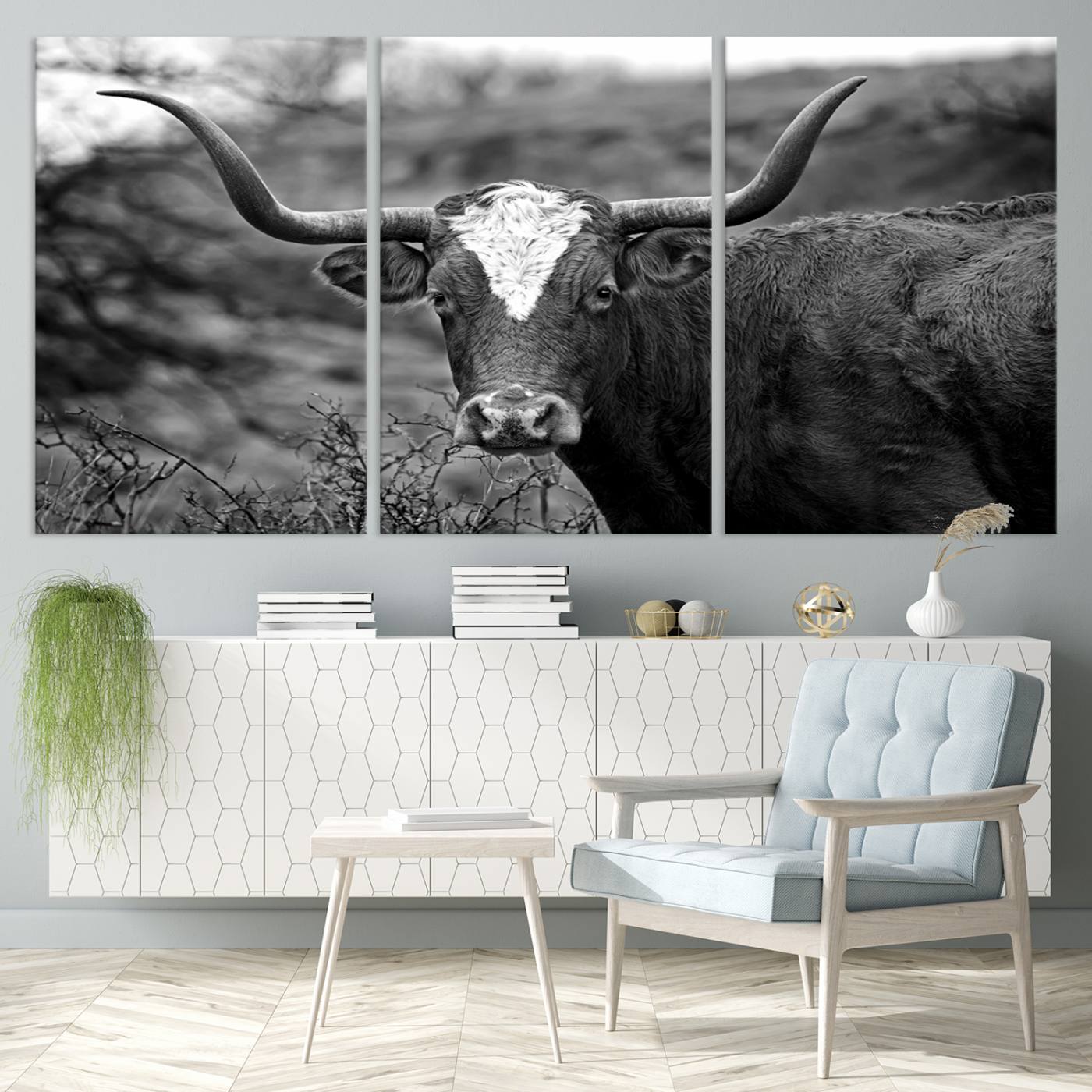 76200-MGV-CV-36X24-Western Home Wall Art Canvas Print, Framed Texas Longhorn Art Picture Print, Rustic Cow Perfect Rustic Farmhouse Decor Artwork