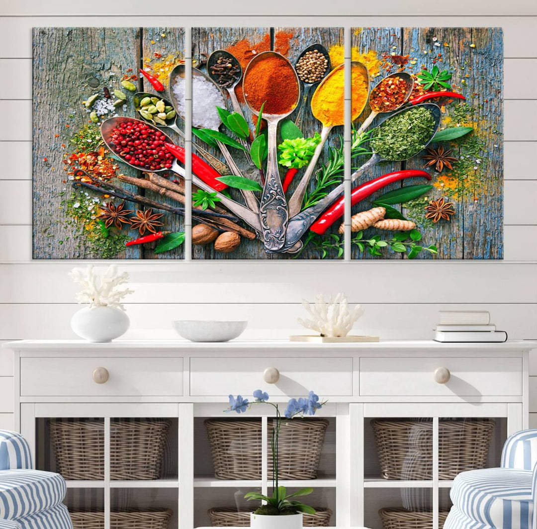 Vibrant Spoonful of Spices kitchen wall art canvas, a culinary triptych ideal for any dining room decor.