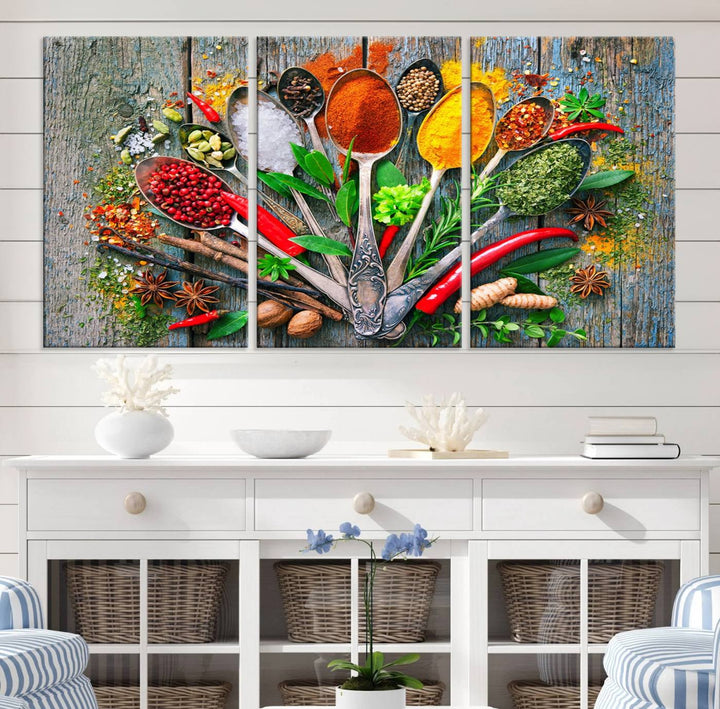 Vibrant Spoonful of Spices kitchen wall art canvas, a culinary triptych ideal for any dining room decor.