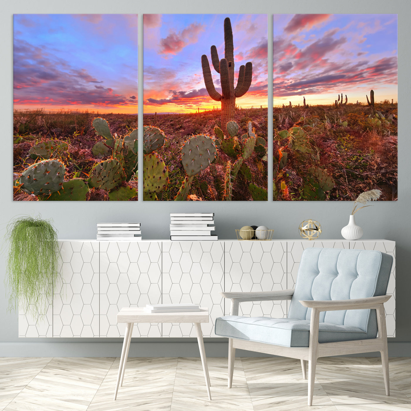 The Arizona Desert Sunset Wall Art Canvas Print hangs prominently.