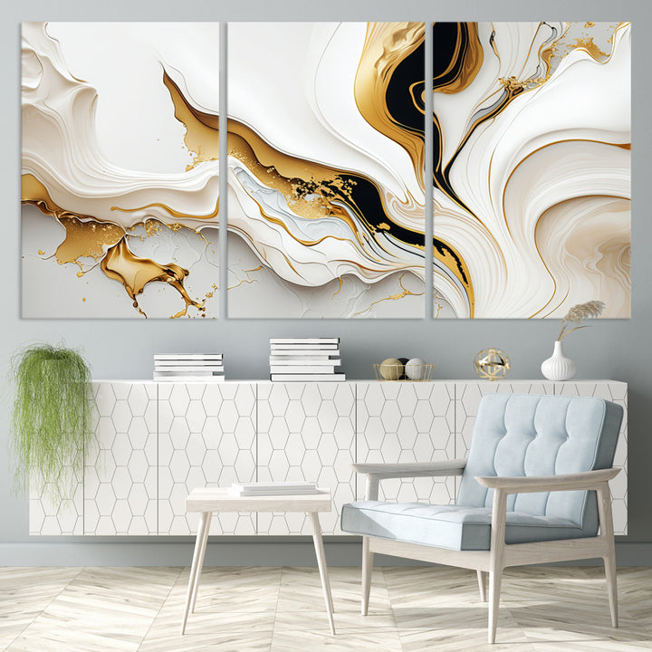 Modern interiors showcase Gold Waves on Pure White Canvas.