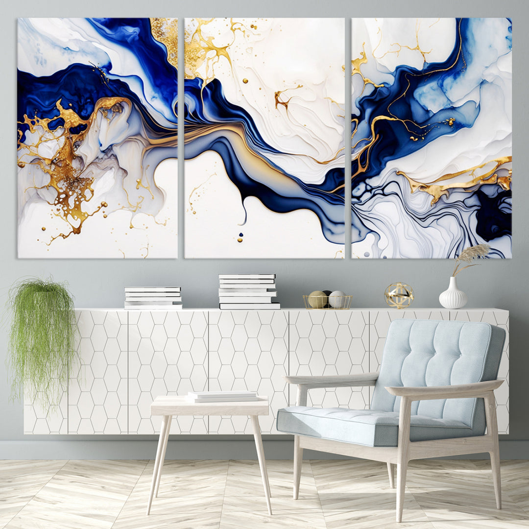 Golden Cascades on Midnight Blue – Abstract Flowing Elegance | Wall Art Canvas, Framed & Ready to Hang