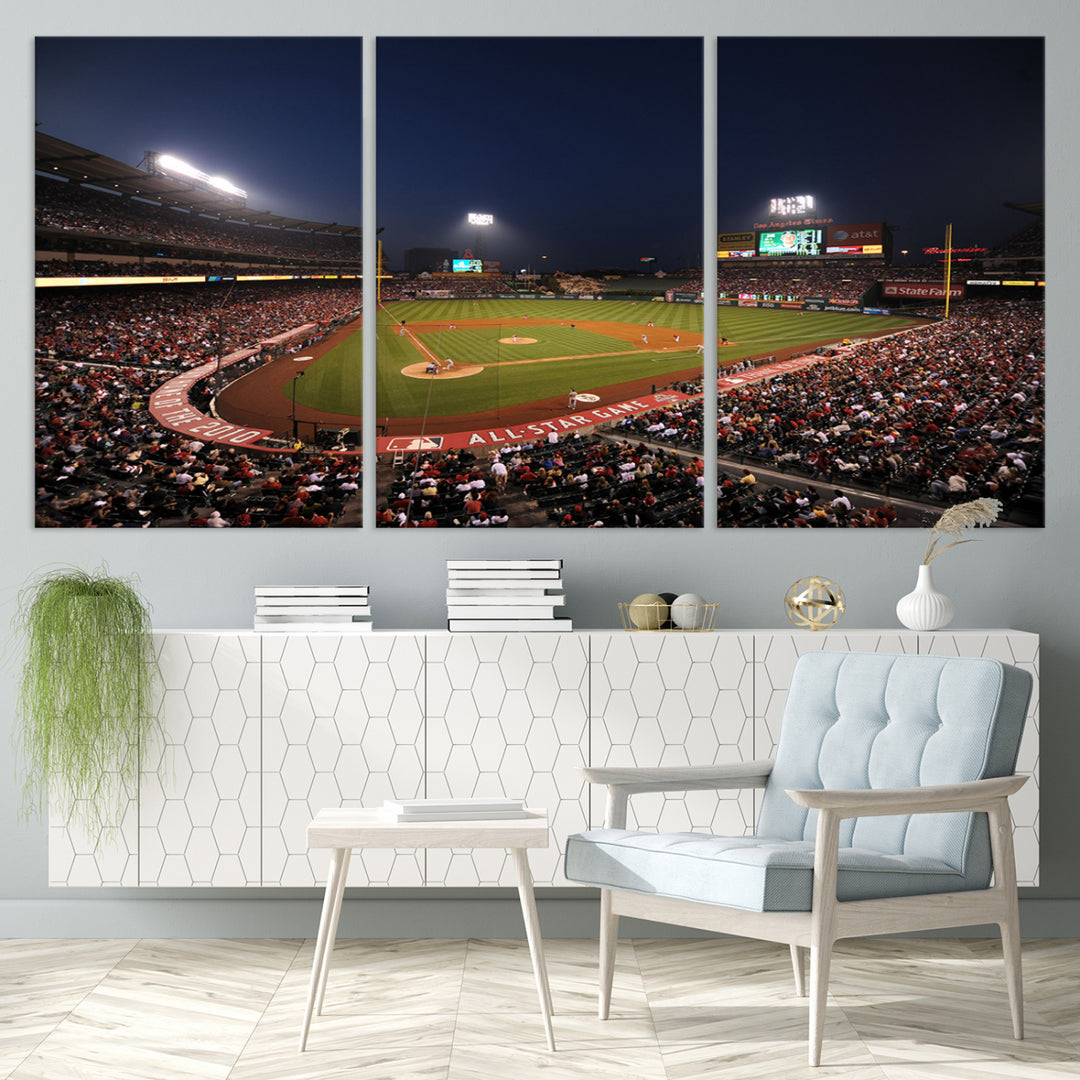 Aerial view of an LA Angels game at night, captured as stunning wall art on premium canvas, handmade in the USA.