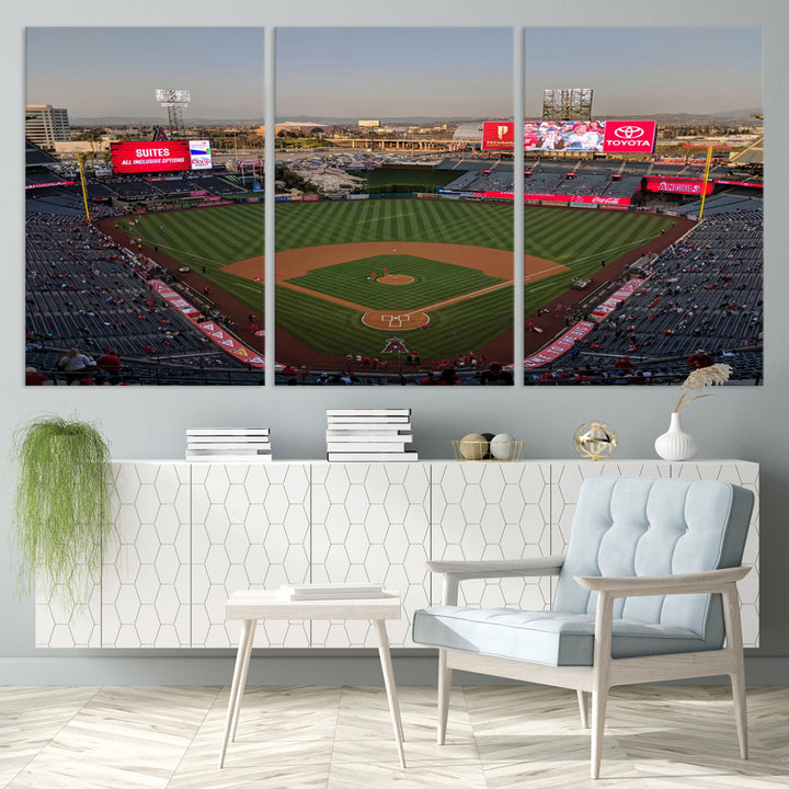 Aerial view of Angel Stadium, perfect as gallery-quality wall art - Los Angeles Angels Canvas Print.