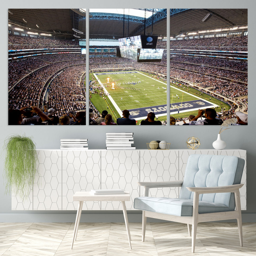 The wall art is a Dallas Cowboys AT&T Stadium Canvas Print, showcasing the iconic logo.