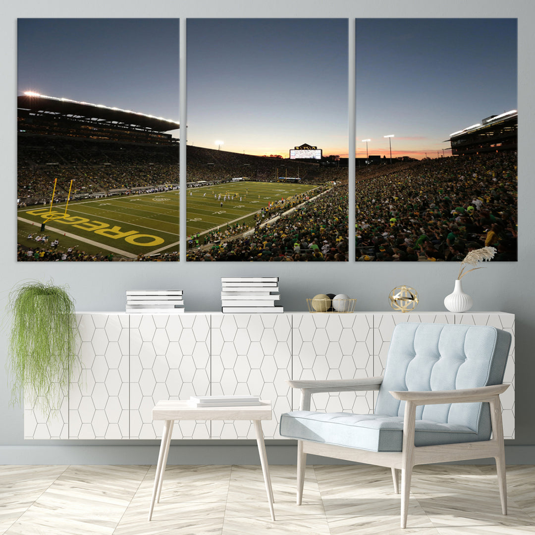 Canvas artwork depicting an Oregon Ducks football game at Autzen Stadium, capturing a sunset and packed stands.