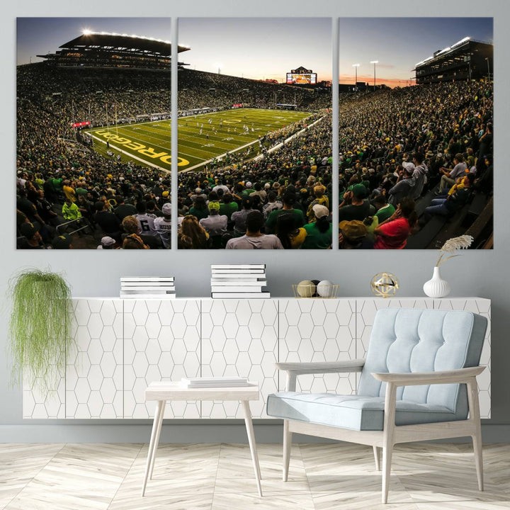 Autzen Stadium Evening Game Triple Canvas Wall Art - Oregon Ducks Football Match