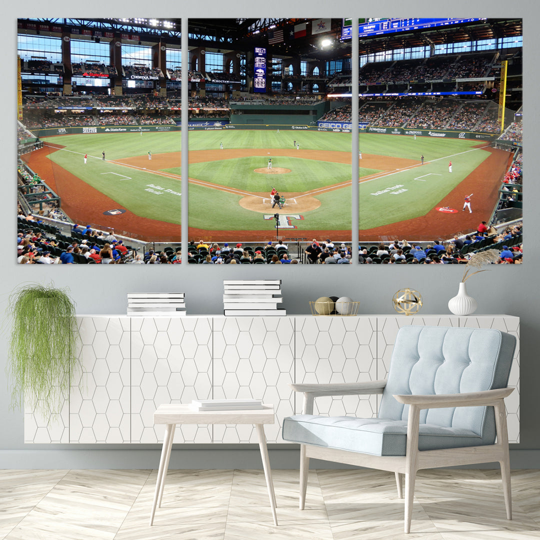 Admire the Texas Rangers Wall Art showcasing Globe Life Fields covered stadium and its lively crowd.