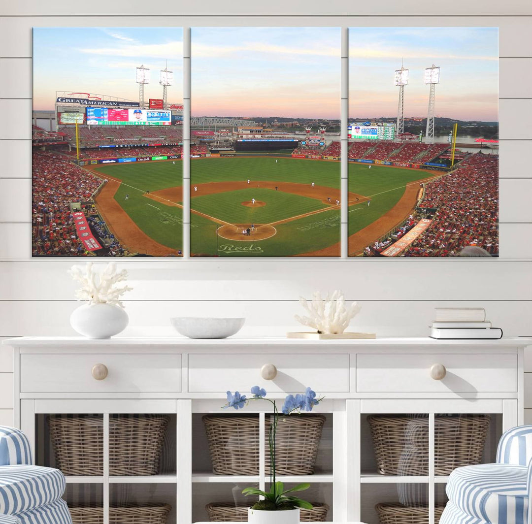 Cincinnati Reds game at sunset: Stadium wall art canvas.