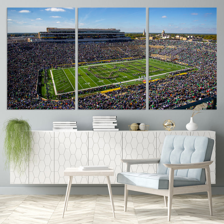 Aerial shot of packed stadium on green; Notre Dame Fighting Irish Stadium Wall Art Canvas Print.