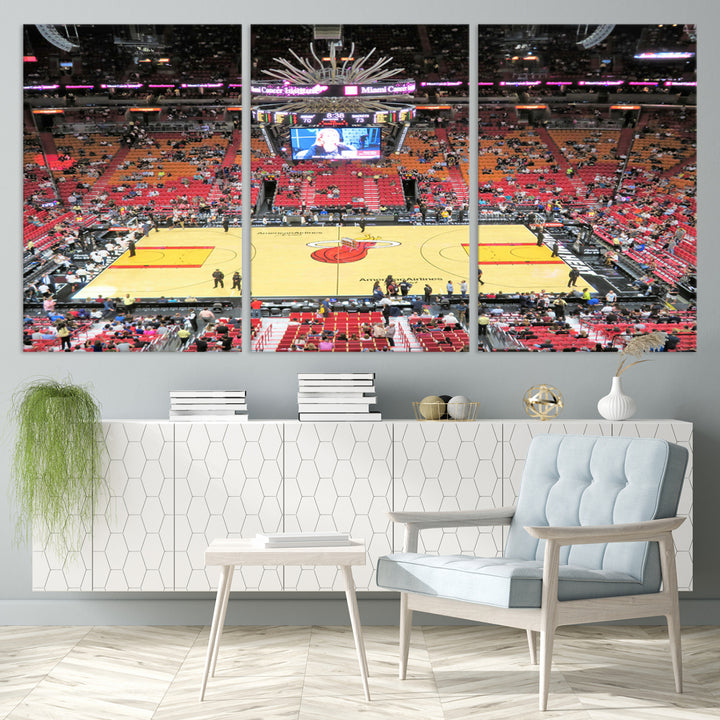 A Miami Heat Basketball Print showcases Kaseya Center Stadium Wall Art with a grand scoreboard.