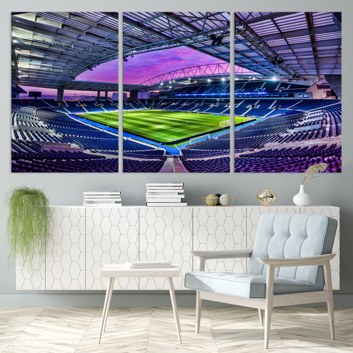 The FC Porto Soccer Team Dragon Stadium Wall Art Canvas Print decorates the room.