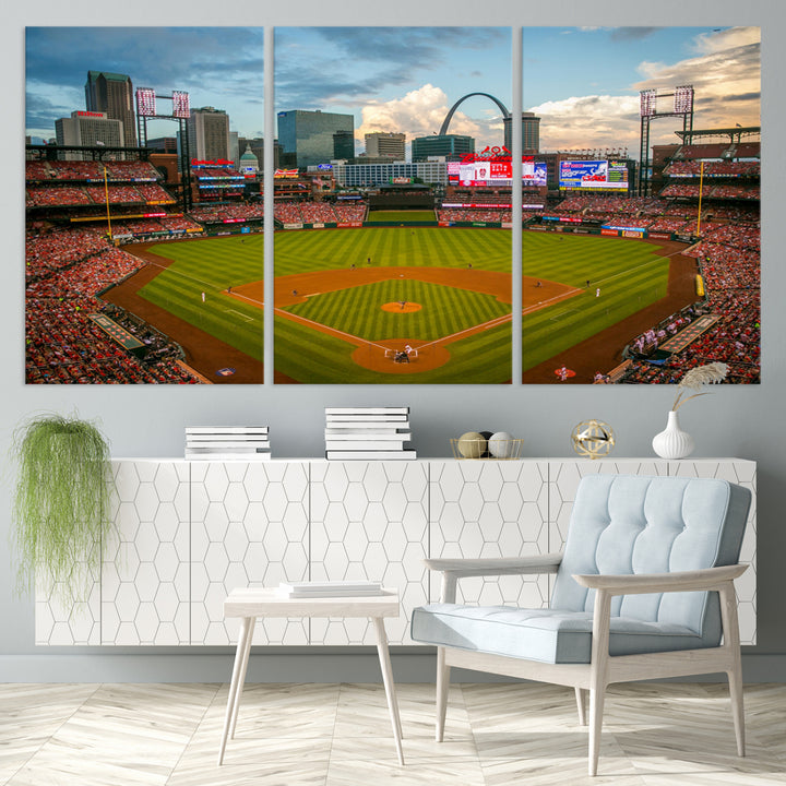 Canvas art of the St. Louis Cardinals Busch Stadium, capturing the citys skyline.