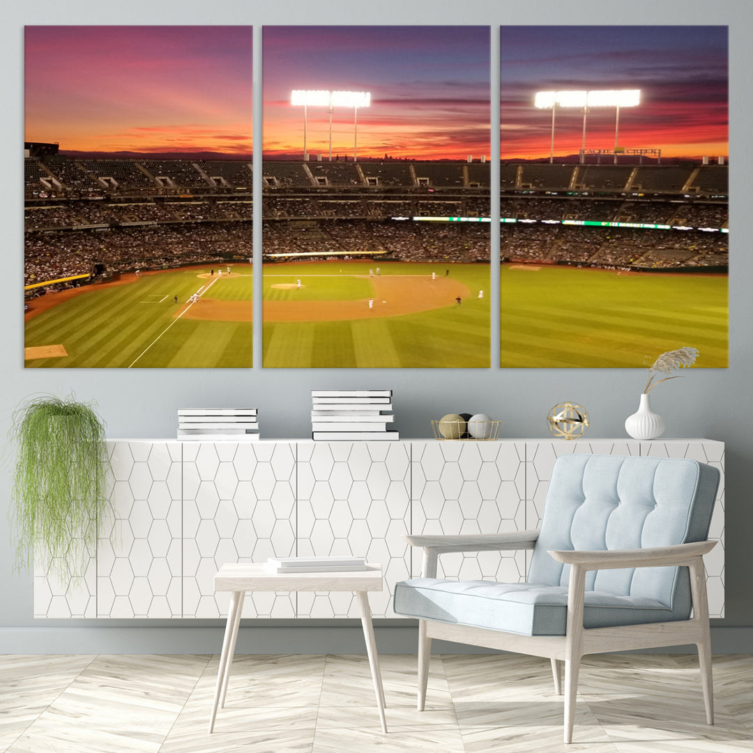 The Oakland Coliseum print is a museum-quality canvas depicting a full crowd and a sunset.