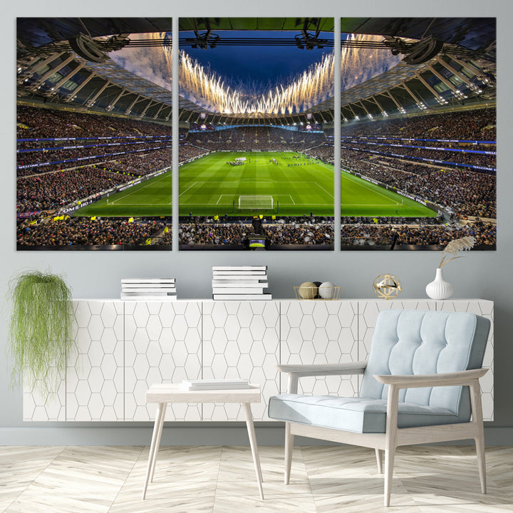 A stunning Tottenham Hotspur Stadium wall art captures the energy of a stadium packed with fans and vibrant lights.