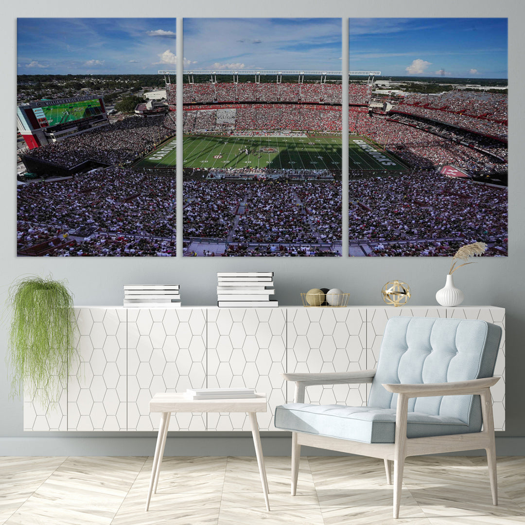 The wall art is a South Carolina Gamecocks print, showcasing Williams-Brice Stadium from a distance under clear skies.