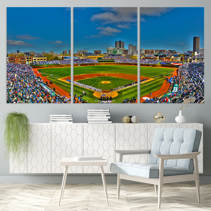 Wrigley Field Chicago Cubs Panoramic 3-Piece Canvas Wall Art - Iconic Baseball Stadium Print for Sports Lovers - Ready to Hang