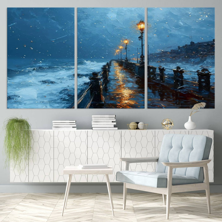 Framed 3-Panel Seaside Night Pier Oil Painting Canvas Wall Art | Ready to Hang Coastal Landscape Art for Modern Living Room, Office, or Bedroom Decor