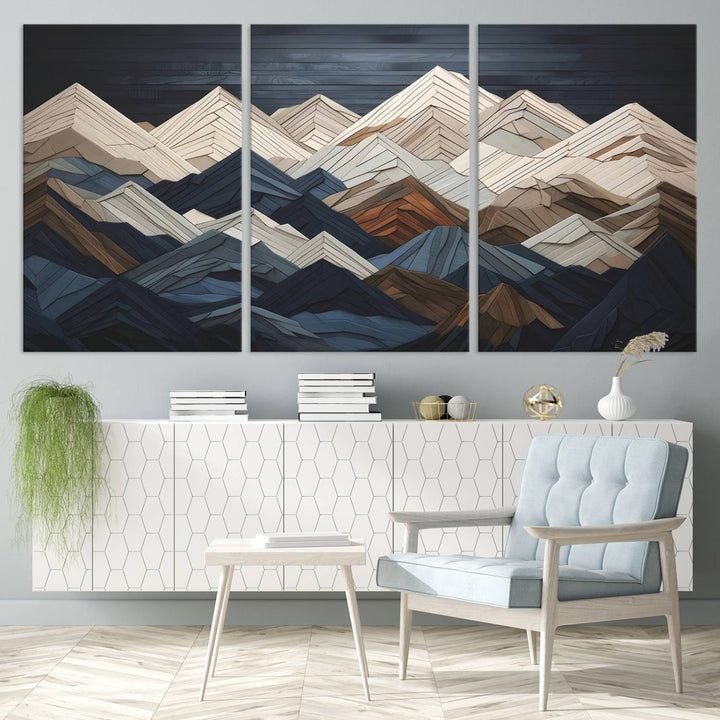 Wood Style Mountain Range Wall Art - Ready to Hang 3-Piece Set for Modern Rustic Decor, Abstract Wooden Design for Living Rooms, Bedrooms & Offices