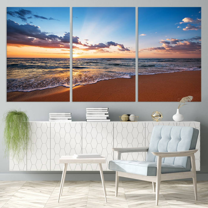 Golden Hour Beach Sunset Wall Art | Canvas Print | Ready to Hang | Coastal Wall Art for Living Room