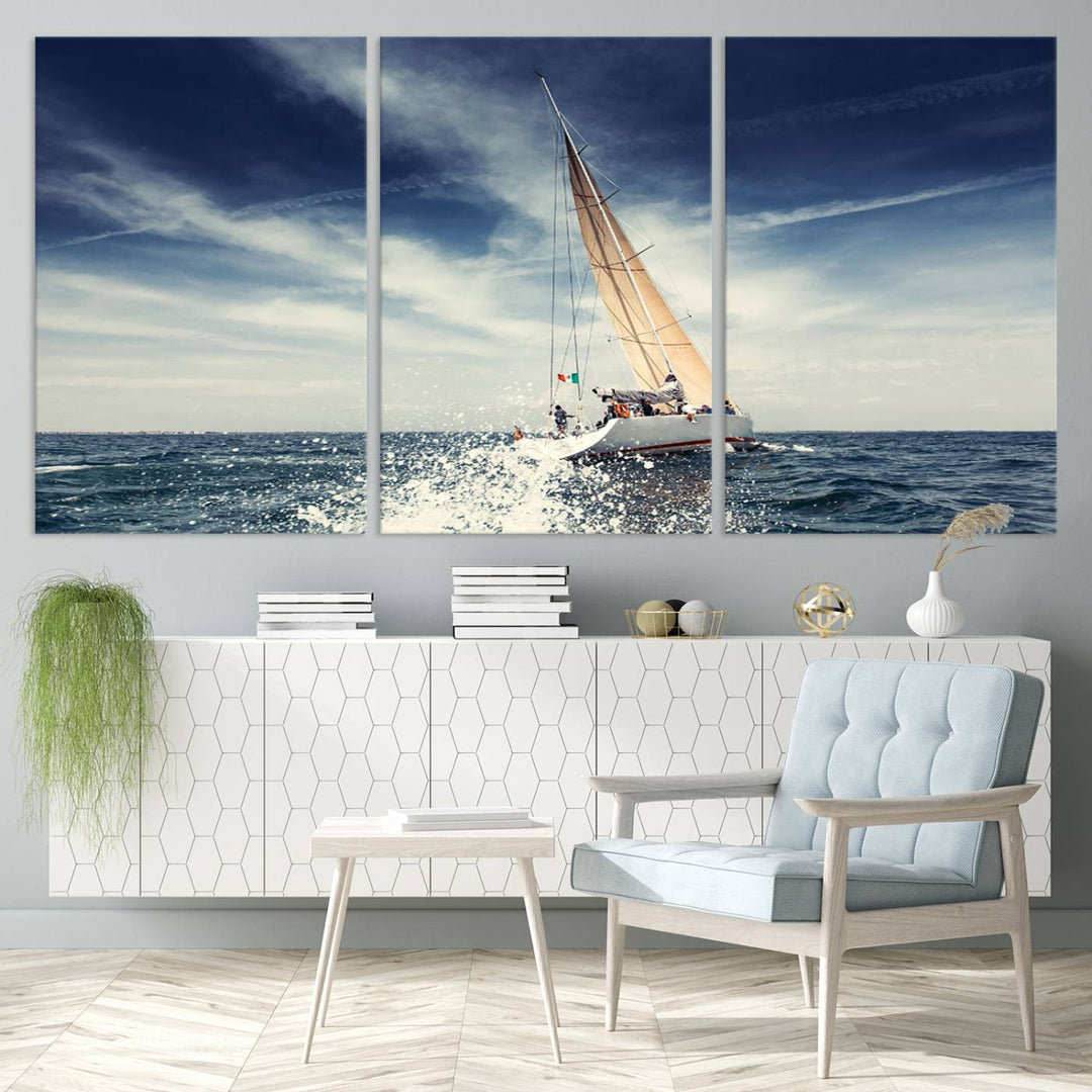 Sailboat Ocean Beach Blue Sky Wall Art Canvas Print