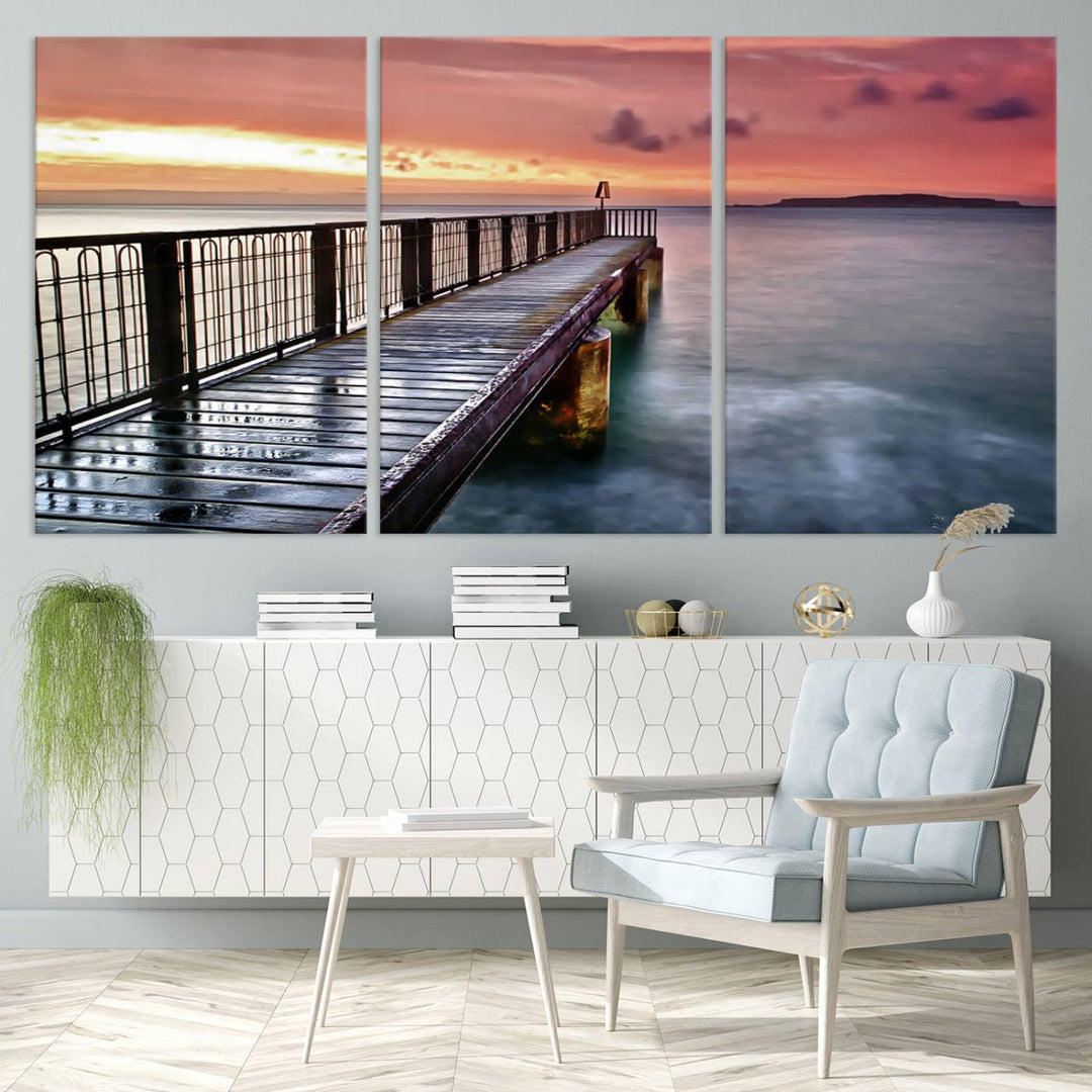 Serene Pier at Sunset Wall Art | Canvas Print | Ready to Hang | Coastal Decor for Living Room