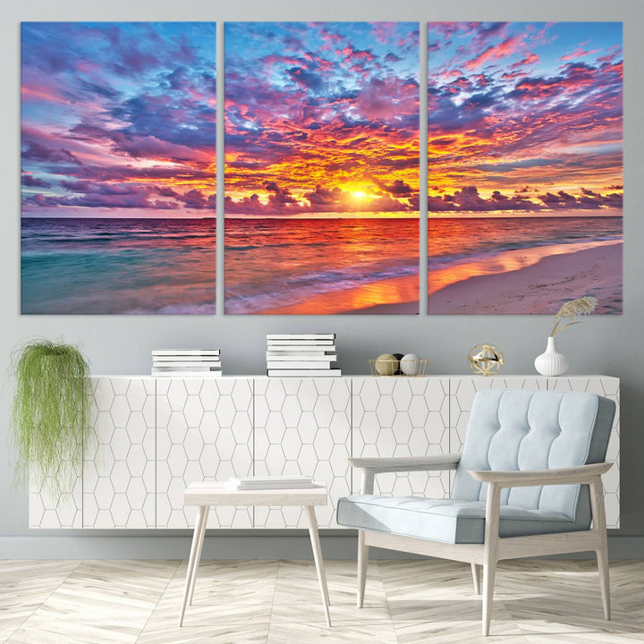 Vibrant Sunset Beach Wall Art | Ocean Sunset Canvas Print | Coastal Wall Art Decor | Ready to Hang | Stunning Sunset Scene for Home or Office Decor