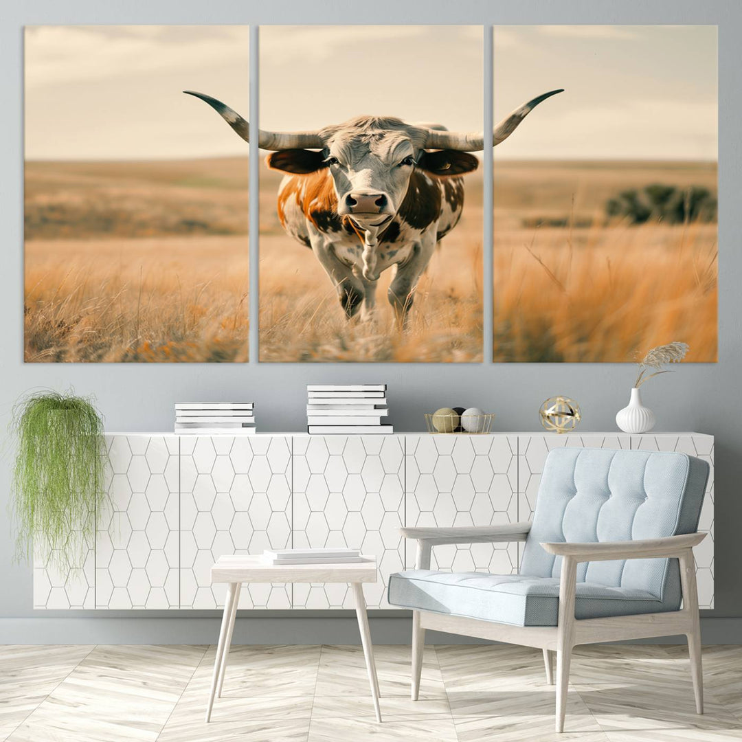 The Texas Cow Longhorn Wall Art Canvas adds rustic charm to the decor.