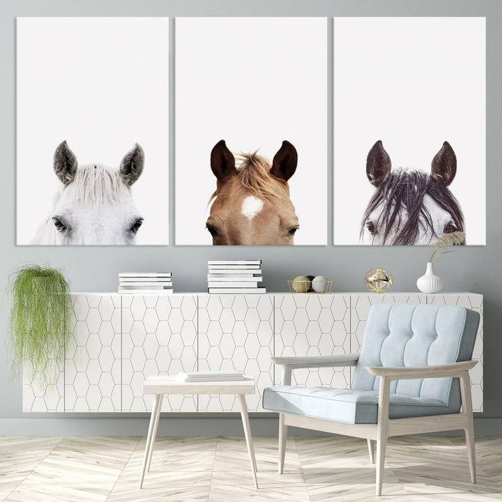 Horse Prints Set, Set of 3 Horse Wall Art, Horses Portraits, Farmhouse Wall Art, Farm Animals Canvas, Animals Portraits Set, Horse Poster