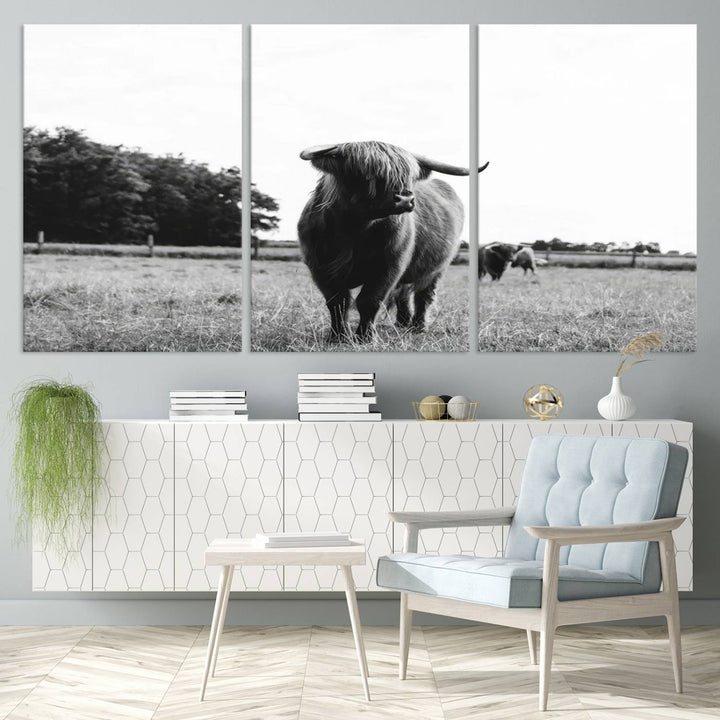 The Highland Cow Wall Art Canvas Print – Rustic Farmhouse Decor, ready to hang and split into three panels, adds charming rustic appeal.