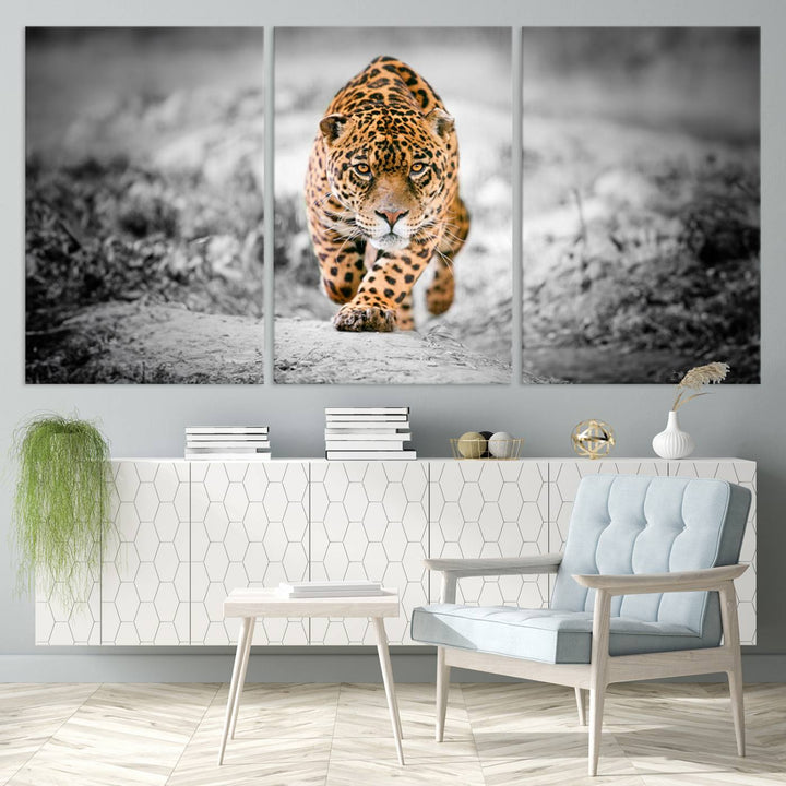 A striking three-panel "Jaguar Stalking Wall Art Canvas Print - Majestic Big Cat in Focused Pursuit" features a leopard walking forward, set against a black and white background.