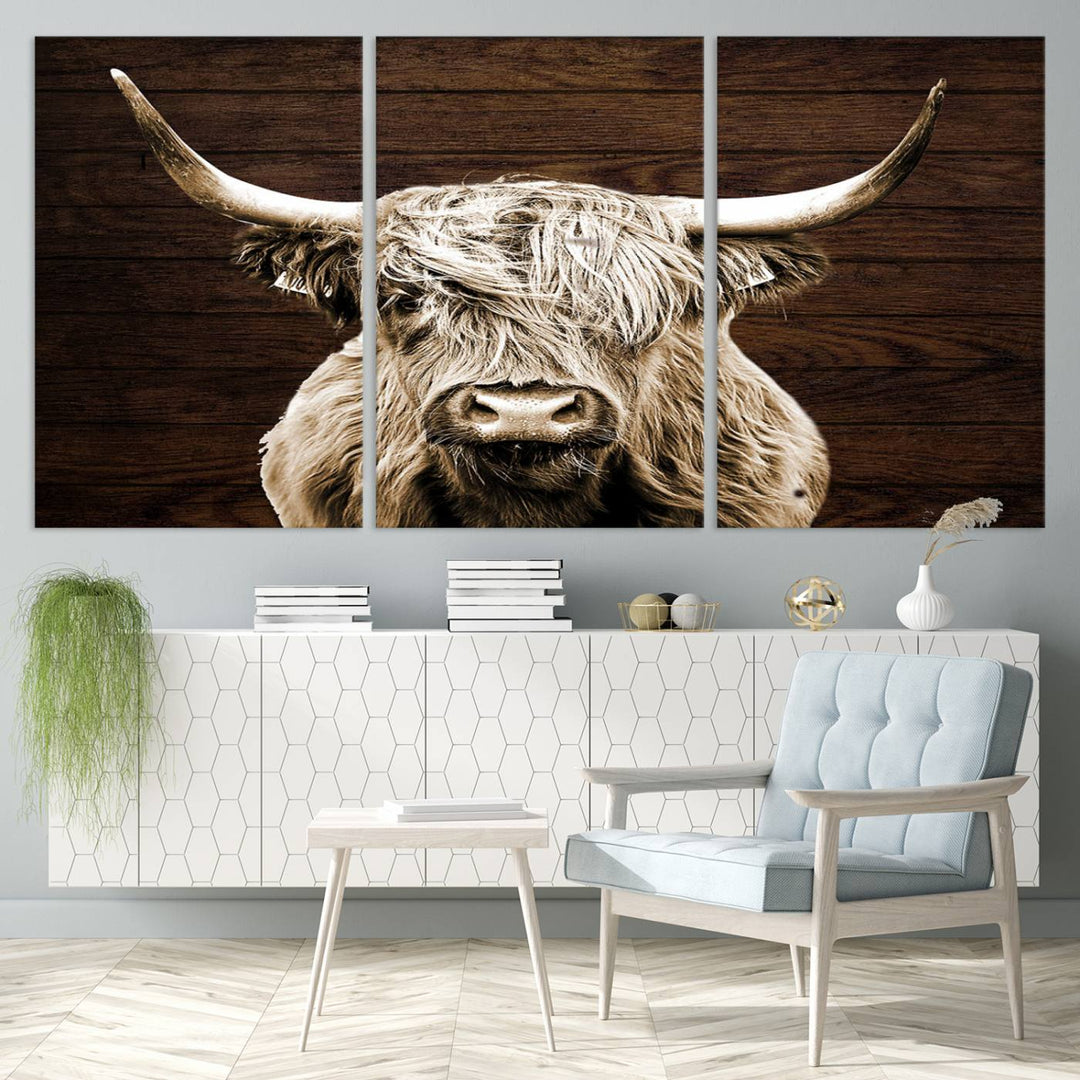 Highland Cow Wall Art Canvas Print, Rustic Farmhouse Decor, Majestic Scottish Highland Bull Portrait for Living Room – Ready to Hang