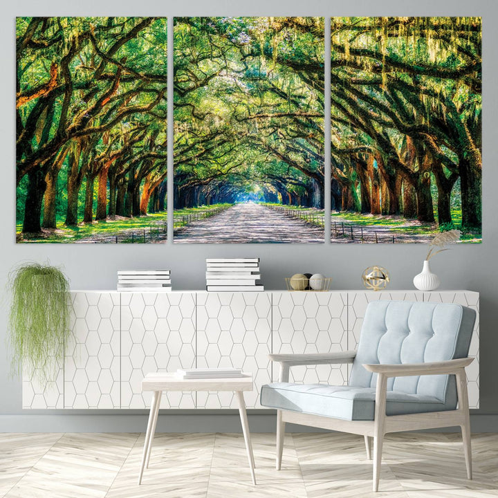 Serene Tree Tunnel Wall Art Canvas Print – Pathway Under Canopy of Lush Green Trees, Nature-Inspired Decor for Living Room – Ready to Hang