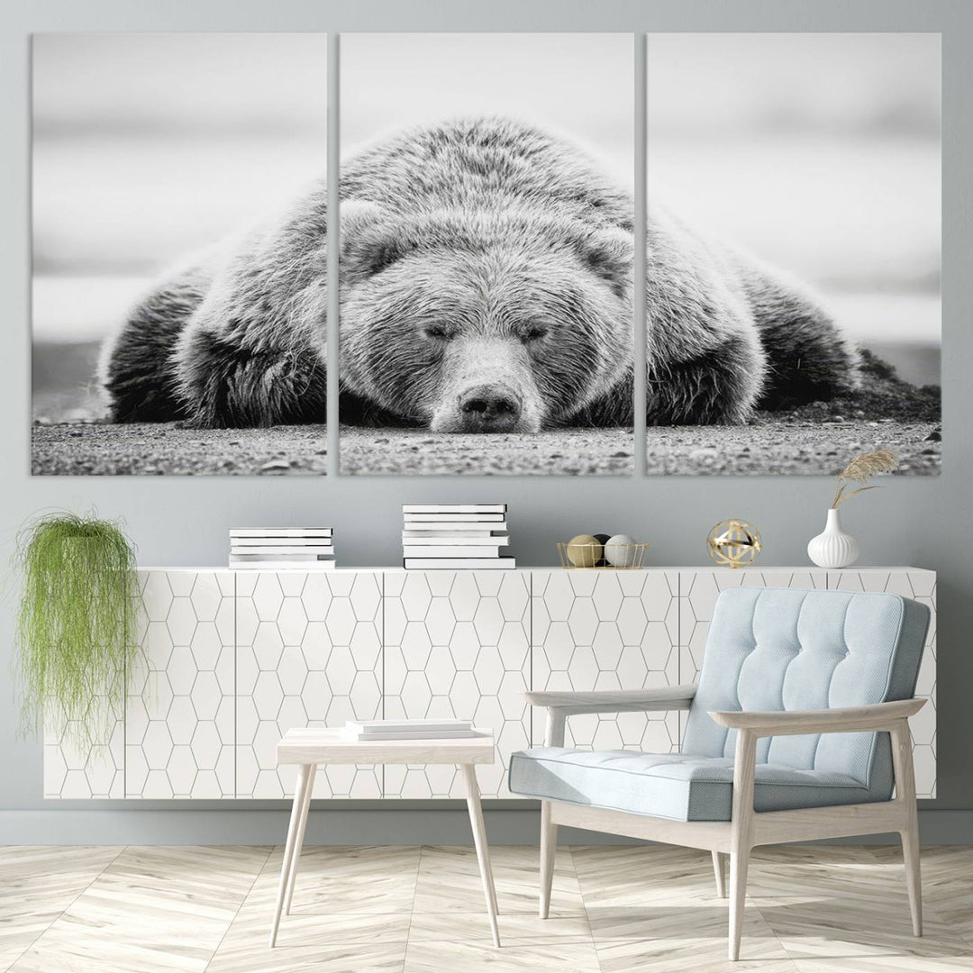 Resting Bear Wall Art Canvas Print – Majestic Lazy Black and White Wildlife Bear Art, Perfect for Nature-Inspired Home Decor – Ready to Hang